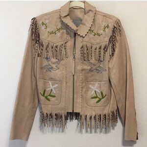 Double D Ranch Leather twisted fringe Jacket beaded floral, birdsa RTL $995 EUC